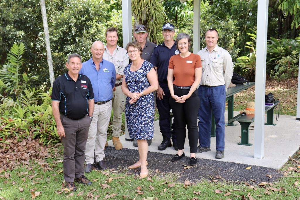 Cassowary Coast Regional Council Mayor John Kremastos, Australian Banana Growers Council Deputy Chair Leon Collins and Tully Police Officer Rod Stanley with Cassowary Coast Panama Disease Tropical Race 4 (TR4) Feral Pig Program agency stakeholders.